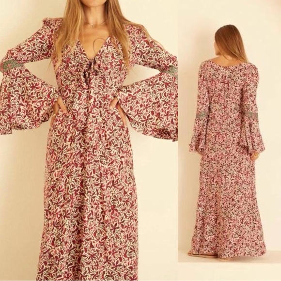 Natalie Martin Frances Dress Silk Gloriosa Print Maxi Dress Flounce Sleeve XS - Picture 1 of 9